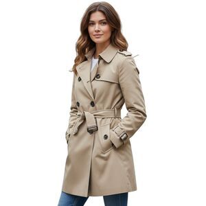 London Fog NWT Beige Trench Coat Womens Size OX British Khaki Hooded Midi Length